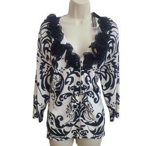 Rosette Embellished Cardigan Button Sweater Floral Knit, Statement Collar Large